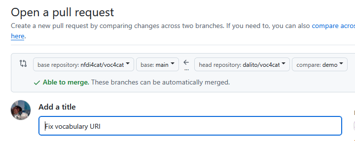 Screenshot of GitHub UI with the correct selection of source and target branch for your PR